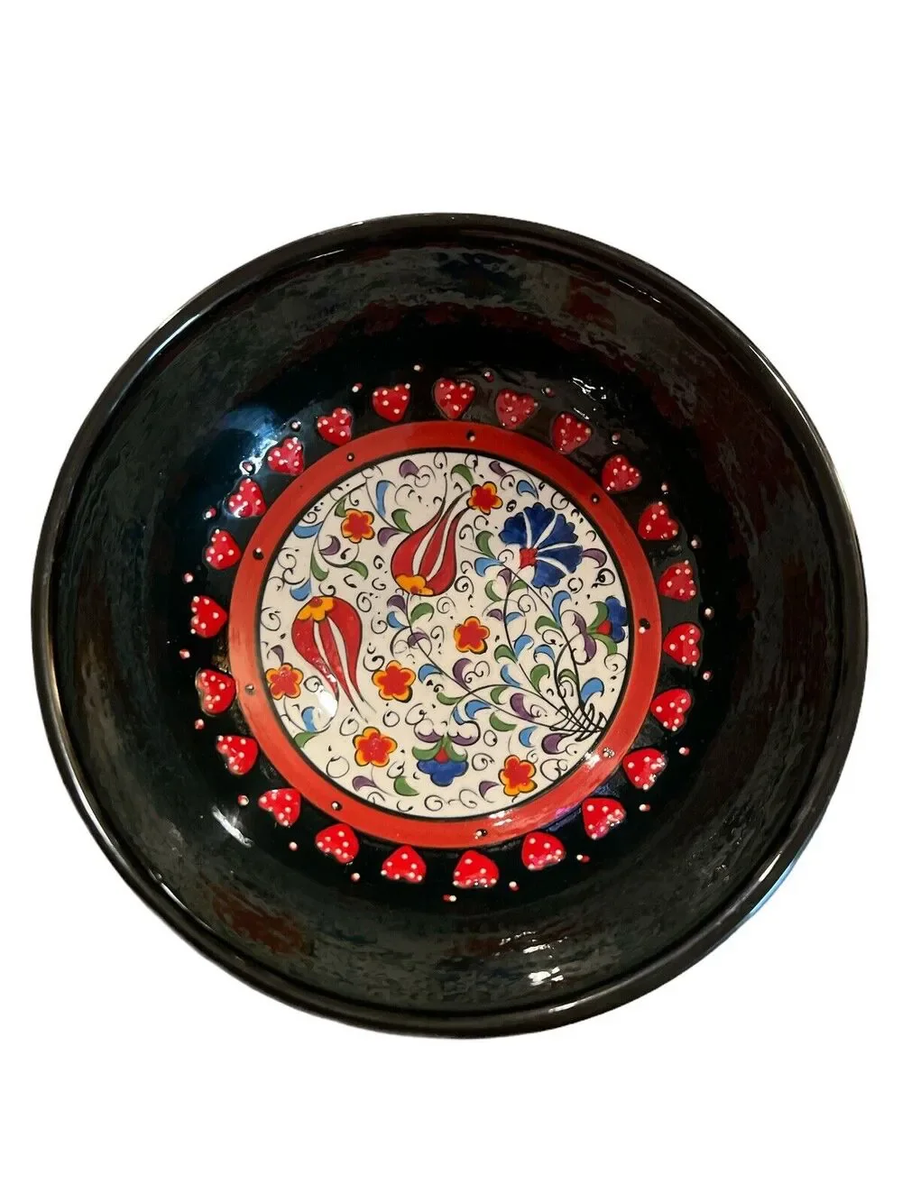 Handmade Painted Ceramic Turkish Bowl Glazed Flowers Colorful Raised Hearts